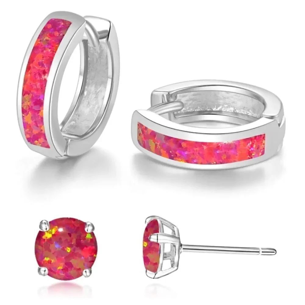 14K White Gold with Genuine Red Fire Opal Huggie and Stud Earrings Set of 2